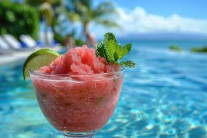 Refreshing frozen drink garnished with lime and mint in a glass, positioned by a luxurious swimming pool with clear blue water and tropical scenery in the background. photo