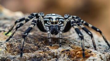 Macro shot of a strikingly patterned zebra spider on a rocky surface in its natural habitat photo