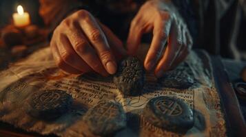 Ancient Divination Practice Using Runestone Set, Closeup of Hands Interpreting Symbols, Mystical Interior with Candlelight, Perfect for Fantasy Themes photo
