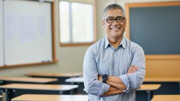 Confident Middle Aged Pacific Islander Man Standing in Classroom with Arms Crossed, Professional and Educational Setting photo
