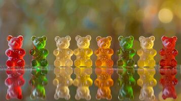 Colorful Gummy Bears in a Neat Row Backlit with Glittering Bokeh Reflections Perfect for candythemed designs, party invitations, or decoration photo