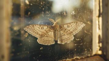 CloseUp of a Detailed Moth Resting on a Sunlit Windowpane, Perfect for NatureInspired Design, Print, Card, or Poster photo