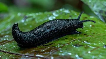 Black Slug on Wet Leafy Surface, Nature Macro Photography, Closeup Detailing of Slug Texture and Natural Environment photo