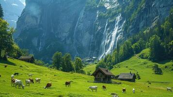 Landscape featuring cows grazing on a lush green meadow with several rustic wooden cabins and a waterfall in the background. photo