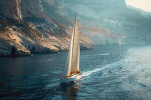 A picturesque sailboat gracefully navigates the tranquil waters under the soft golden hues of the sunset, creating a peaceful and mesmerizing maritime scene. photo