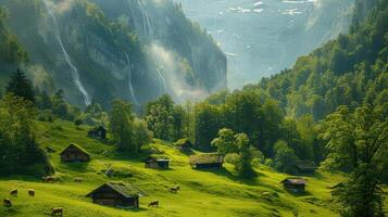 Landscape featuring cows grazing on a lush green meadow with several rustic wooden cabins and a waterfall in the background. photo