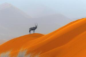 Lone antelope with long, elegant horns standing amidst the sprawling sand dunes of a vast desert, showcasing the raw beauty and serenity of nature. photo
