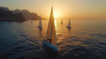 A picturesque sailboats gracefully navigates the tranquil waters under the soft golden hues of the sunset, creating a peaceful and mesmerizing maritime scene. photo