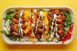 A mouthwatering grilled chicken rice bowl, topped with fresh vegetables, drizzled with creamy sauce, garnished with herbs, served in a takeaway container. Ideal for healthy meals. photo