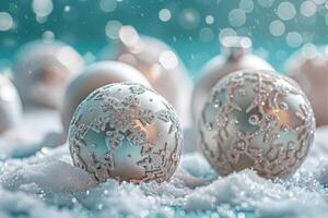 A festive scene featuring silver Christmas ornaments adorned with snowflake patterns, nestled in the snow, with warm bokeh lights twinkling in the background to create a cozy ambiance. photo