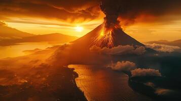 Massive volcanic eruption with fiery lava and dense smoke photo