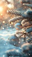 A festive scene featuring silver Christmas ornaments adorned with snowflake patterns, nestled in the snow, with warm bokeh lights twinkling in the background to create a cozy ambiance. photo