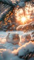 A festive scene featuring silver Christmas ornaments adorned with snowflake patterns, nestled in the snow, with warm bokeh lights twinkling in the background to create a cozy ambiance. photo