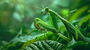 CloseUp of a Praying Mantis on Green Leaves in a Lush Garden Setting, Suitable for Nature Study and Insect Enthusiast Publications photo