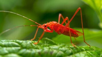 Macro Shot of Bright Red Assassin Bug Resting on Leaf, Perfect for Nature Photography, Insect Identification, or Educational Material photo