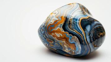 CloseUp of Polished Pietersite Gemstone with Intricate Swirling Patterns Highlighting Blue, Orange, and White Layers Ideal for Design, Print, or Poster photo