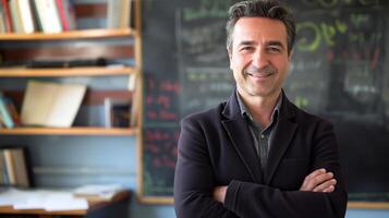 Friendly MiddleAged Male Teacher Standing Confidently in Classroom with Chalkboard Background photo