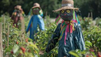Colorful Scarecrows in Agricultural Field with Straw Hats and Ribbons for Bird Deterrent in Summer Season photo