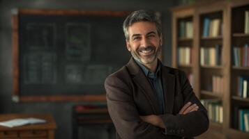 Friendly Male Teacher with a Warm Smile in a Classroom Setting with Books and Blackboard, Ideal for Educational Themes photo
