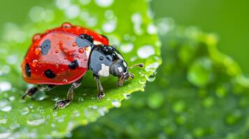 Macro Photograph of a Dewy Ladybug on a Leaf, Ideal for Nature, Insect, and Wildlife Photography photo