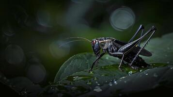 Cricket Chirping on a Leaf in a Nighttime Setting with Dew Drops, Macro Nature Photography photo