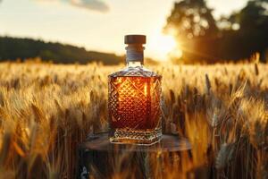 A bottle of whiskey in a golden wheat field at sunset. photo