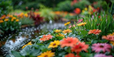 un sereno jardín estanque rodeado por vistoso flores, creando un tranquilo y pintoresco al aire libre escena. foto