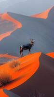 Lone antelope with long, elegant horns standing amidst the sprawling sand dunes of a vast desert, showcasing the raw beauty and serenity of nature. photo