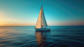 A picturesque sailboat gracefully navigates the tranquil waters under the soft golden hues of the sunset, creating a peaceful and mesmerizing maritime scene. photo