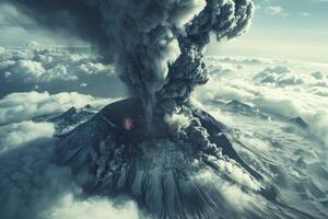 Massive volcanic eruption with fiery lava and dense smoke photo