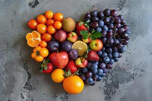 Top view of various fruits in heart shape on grey kitchen table. photo