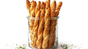Selection of breadsticks with sesame seeds and herbs, displayed in a tall glass jar photo