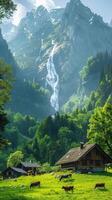 Landscape featuring cows grazing on a lush green meadow with several rustic wooden cabins and a waterfall in the background. photo