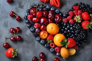 Top view of various fruits in heart shape on grey kitchen table. photo