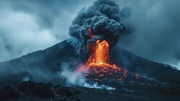 Massive volcanic eruption with fiery lava and dense smoke photo