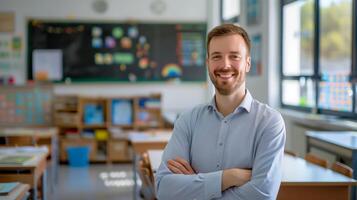 Smiling Young Male Teacher with Western European Features in a Classroom, Education and Learning, Stock Photo