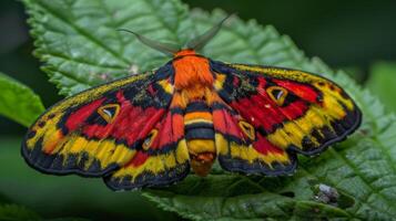 Vibrant Red and Yellow Cinnabar Moth Detailed Macro Shot of Colorful Insect on Green Leaf Perfect for Nature and Wildlife Prints photo