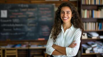 Friendly Female Teacher with Curly Hair Standing in Front of Chalkboard in Classroom Setting for Educational Posters and Designs photo