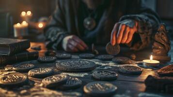 Mysterious Rune Casting Ritual with Vintage Artifacts and Candles, Perfect for Fantasy Themes and Mystical Occasions photo
