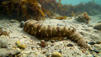 Sea Cucumber Resting on Ocean Floor Among Kelp, Marine Wildlife Habitat, Coastal Ecosystem, Underwater Photograph, Conservation photo