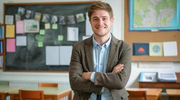 Confident British Teacher in Classroom Setting for Educational or Motivational Content Design photo
