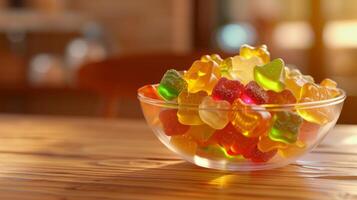 Colorful Gummy Candies in a Clear Bowl on Wooden Table with Soft Daylight Background for Stock Photography and Design photo