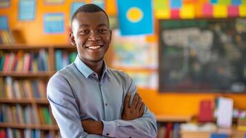 Confident Male School Teacher in Classroom Setting with Bright, Colorful Background Ideal for Education and Diversity Themes photo