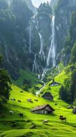 Landscape featuring cows grazing on a lush green meadow with several rustic wooden cabins and a waterfall in the background. photo