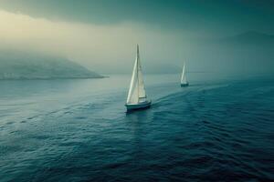 A picturesque sailboats gracefully navigates the tranquil waters under the soft golden hues of the sunset, creating a peaceful and mesmerizing maritime scene. photo