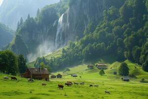 Landscape featuring cows grazing on a lush green meadow with several rustic wooden cabins and a waterfall in the background. photo