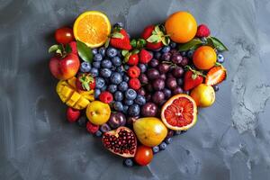 Top view of various fruits in heart shape on grey kitchen table. photo