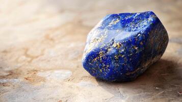CloseUp of a Single Polished Lapis Lazuli Stone with Gold Flecks on Stone Surface Ideal for Design, Poster, Print photo