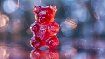Macro Shot of Red Gummy Bear with Sparkling Bokeh Background for Abstract Design and Confectionery Advertising photo