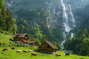 Landscape featuring cows grazing on a lush green meadow with several rustic wooden cabins and a waterfall in the background. photo